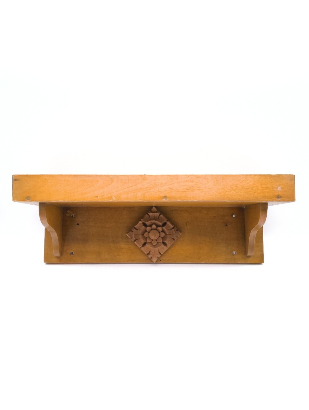 Vintage Wood Wall Display Shelf With Carved Flower Medallion Accent